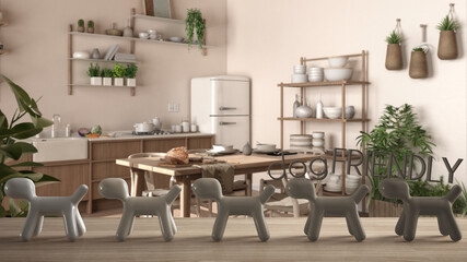 Wooden table top or shelf with line of stylized dogs, dog friendly concept, love for animals, animal dog proof home, country rustic kitchen with dining table, cool interior design