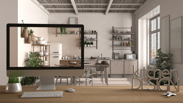 Architect designer project concept, wooden table with keys, 3D letters words kitchen design and desktop showing draft, blueprint CAD sketch in the background, modern interior design