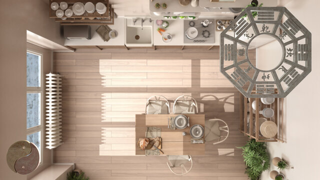 Interior design project with feng shui consultancy, wooden kitchen with dining table and chairs, top view with bagua and tao symbol, yin and yang polarity, monogram concept background