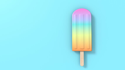 Table top view aerial image of ice candy food. Summer season holiday background concept.Flat lay of pastel ice cream on light blue backdrop.Minimalism and copy space design word. Ice cream 3d render