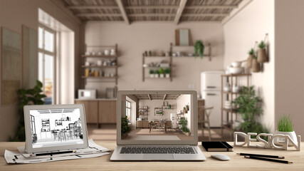 Architect designer desktop concept, laptop and tablet on wooden desk with screen showing interior design project and CAD sketch, blurred draft in the background, wooden rustic kitchen