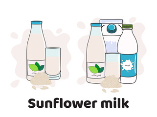 Templates with milk in glass, bottles and box. Vegan milk icons