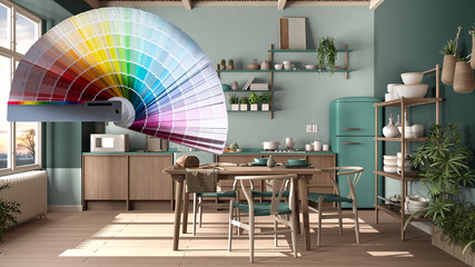 Color palette samples over country rustic kitchen in turquoise tones with dining table with chairs, shelves, appliances and potted plants, refrigerator, contemporary interior design