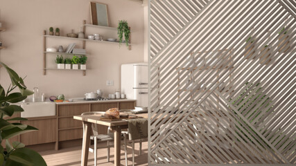 Wooden panel close-up, country rustic kitchen with dining table with chairs, shelves, appliances, potted plants. Zen interior design concept idea, contemporary architecture template