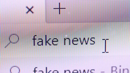 Closeup typing in an online search engine FAKE NEWS to get information about the subject.