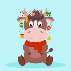 Cute and happy new year character, bull 2021 with Christmas decorations. Vector illustration for greeting cards, posters, banners for a website, patterns, for drawing on fabric or dishes, for illustra