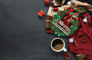 christmas decoration with hot coffee on dark background. flat lay. copy space for text.