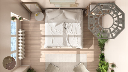 Interior design project with feng shui consultancy, wooden bedroom with soft white bed, top view with bagua and tao symbol, yin and yang polarity, monogram concept background