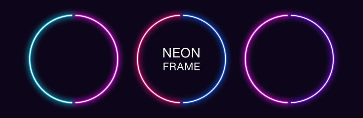 Neon circle Frame. Set of round neon Border in 2 outline parts. Geometric shape