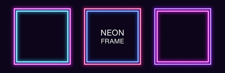 Neon square Frame. Set of quadrate neon Border with double outline. Geometric shape