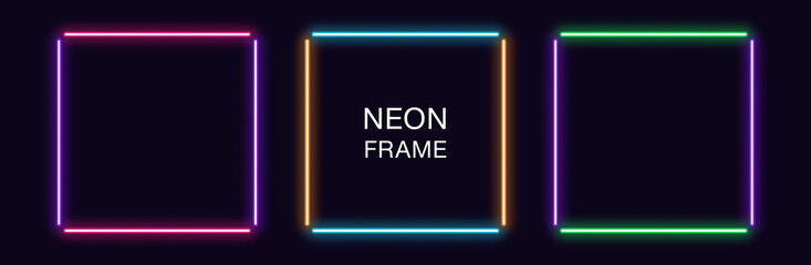 Neon square Frame. Set of quadrate neon Border in 4 outline parts. Geometric shape © Дмитрий Майер