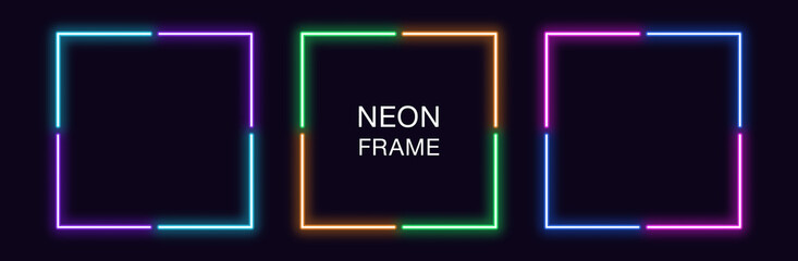 Neon square Frame. Set of quadrate neon Border in 4 angular parts. Geometric shape