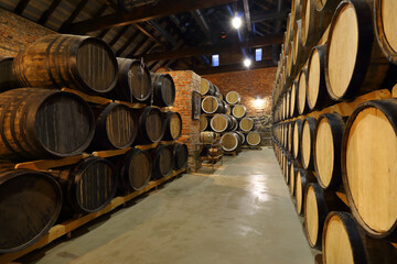 Rows of alcoholic barrels are kept in stock. Distillery. Cognac, whiskey, wine, brandy. Alcohol in...