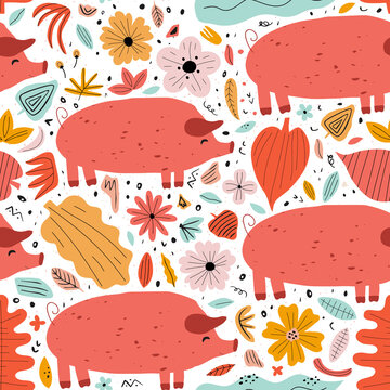Vector seamless pattern with cute hand drawn piges, flowers and leaves. Childish texture for fabric, textile, apparel.