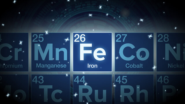 Close up of the Iron symbol in the periodic table, tech space environment.