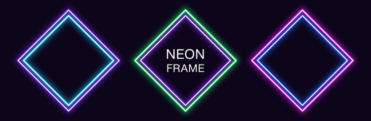 Neon rhomb Frame. Set of rhombus neon Border with double outline. Geometric shape