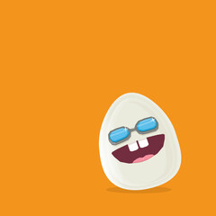 vector funny cartoon egg character with sunglasses isolated on orange background. funky smiling cool white egg sticker