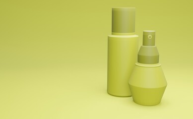 Elegant yellow cosmetic bottles on bumblebee background. Modern cover design. 3d illustration.