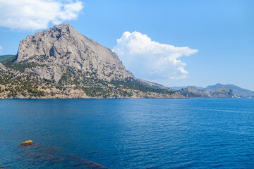 Panorama of Black Sea near town Novyi Svit, Crimea. Mountain on background is called Sokol (Falcon)