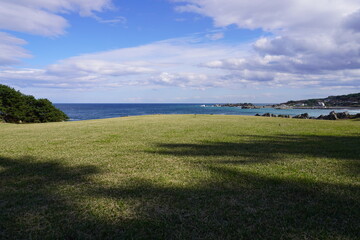 種差海岸の空と海と芝生