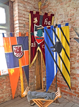 KALININGRAD REGION, RUSSIA - MAY 08, 2018: Museum exposition with knightly flags and coats of arms (modern stylization). Schaaken castle