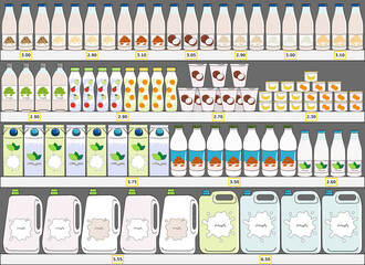 Set of milk products (dairy and vegan milk alternatives) on shelves in supermarket