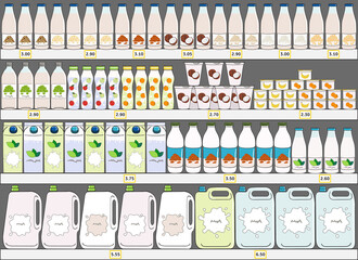 Fototapeta premium Set of milk products (dairy and vegan milk alternatives) on shelves in supermarket