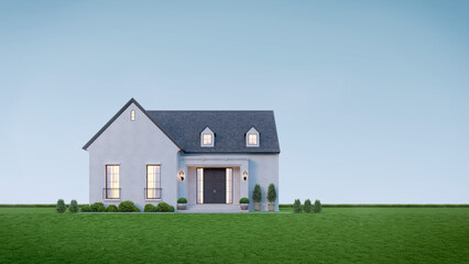 Fototapeta na wymiar House with lawn and blue sky background.Minimal concept for real estate and property.3d rendering