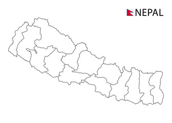 Nepal map, black and white detailed outline regions of the country.