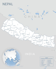 Blue-gray detailed map of Nepal administrative divisions and location on the globe.