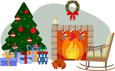 Fototapeta na wymiar Christmas room with fireplace. Festive mood. Fireplace, Christmas tree, gifts, rocking chair. Vector illustration