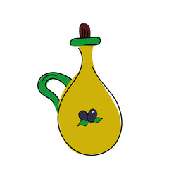 Vector hand drawn illustration of a bottle with pen with olive oil. Olives with a leaf. Food. Jug with cork. Sunflower oil. Utensils for storage. Capacity. Doodle