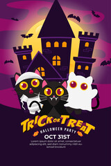 Trick Or Treat Halloween Party Poster with Cute Black Cat use Vampire, ghost and mummy Costume. castle and flying bat on a full moon at night.