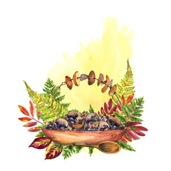 Buckwheat with wild mushrooms in a wooden dish on the background of autumn leaves. healthy vegetarian food. Hand-drawn watercolor illustration. Hot porridge.