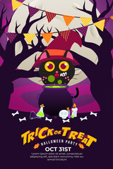 Trick Or Treat Halloween Party Poster with Cute Black Cat, Cauldron, Bone's, candle, spooky forest and full moon.can use for poster, flyer, web design, invitation, greeting card