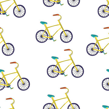 Seamless pattern with hand-drawn vector bike. Isolated clipart. Doodley. Flat.