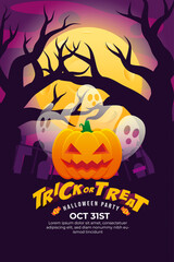 Trick Or Treat Halloween Party Poster with spooky forest, tombstone and full moon at night.can use for poster, flyer, web design, invitation, greeting card