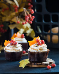 Homemade pumpkin muffins cupcakes decorated with meringue, berries and pieces of pumpkin on black wooden table with autumn leaves in background. Selective focus