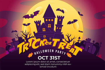 Trick or Treat Halloween Party Poster. with Castle, flying bat, spooky Forest and Big full moon at night. can use for Poster, Banner, Card, web design