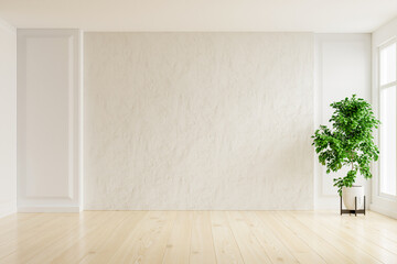 Fototapeta na wymiar White plaster wall empty room with plants on a floor.