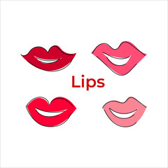 Hand-drawn vector illustration of painted lips. Female mouth. Smile. Set. Flat.