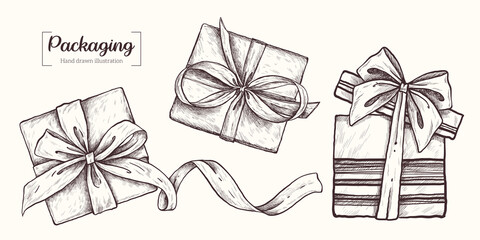 Packaging. Gift boxes with bows. Vector Hand Drawn. Sketch Illustration. 