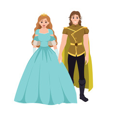 Illustration of lovely prince and princess couple ready for marriage. standing with magical costume