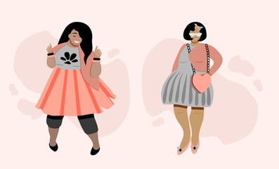 Beautiful plus size girls in stylish coats. vector illustration.