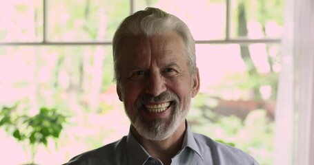 Close up head shot portrait aged man having wide charming toothy smile looking at camera pose on window background. Dental care for seniors, medical insurance health coverage for older adults concept