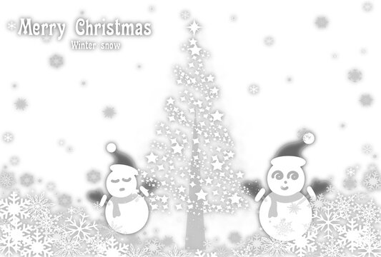 クリスマス　クリスマスツリーと雪ダルマ　モノクロ