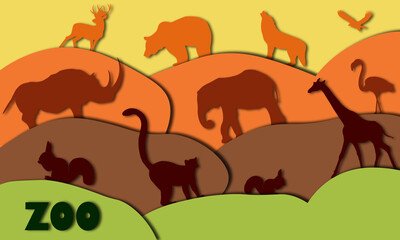 zoo illustration in the style of paper cut out, paper craft. Silhouettes of animals on the hills (elephant, deer, giraffe, Flamingo, squirrel, rhinoceros, eagle, lemur). African and Australian