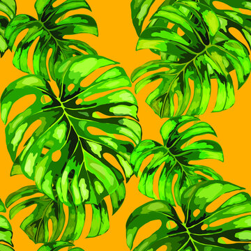 Tropical pattern. Jungle exotic summer print. Summer tropical leaf. Tropical flower fashion pattern. Floral tropic illustration. Vector seamless pattern. Beautiful print with tropical leaves.
