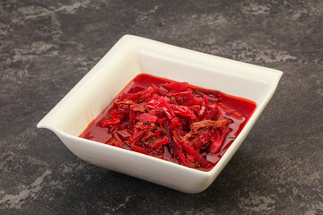 Russian traditional Borsch soup with cabbage