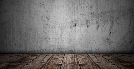 Concrete stone wall with wooden floor background, empty product display for presentation